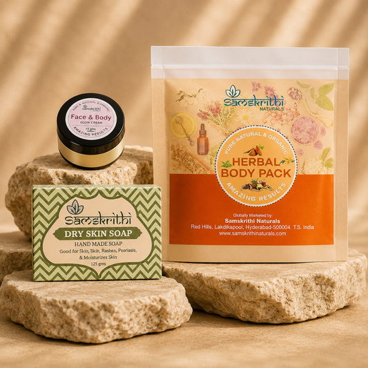 Samskrithi Naturals Herbal Body Pack, Gentle Dry Skin Soap and Nourishing Face + Body Butter Set | Everyday Natural Skincare | Pack of 3