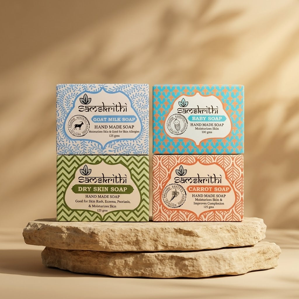Samskrithi Naturals Variety Pack of Soaps Set | Goat Milk, Dry Skin, Carrot, and Baby Soap Set For Men and Womens | 100% Ayurvedic | No Side Effect Plant Base (Pack of 4)