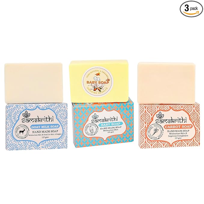 Samskrithi Naturals Variety of Soaps | Goat Milk Soap, Carrot Soap, and Baby Soap for Men & Women's Combo | Gentle Skincare Trio | Pack of 3