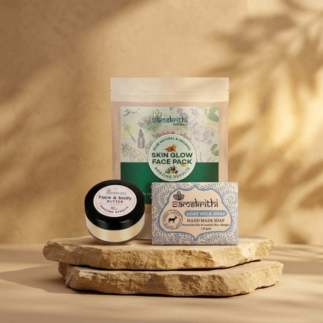 Samskrithi Naturals Ultimate Goat Milk Skin Care | Complete Nourishment for Your Skin's Daily Well-Being and Radiance | Combo Set of Goat Milk Soap, Skin Glow Face Pack, Face & Body Butter | Pack of 3