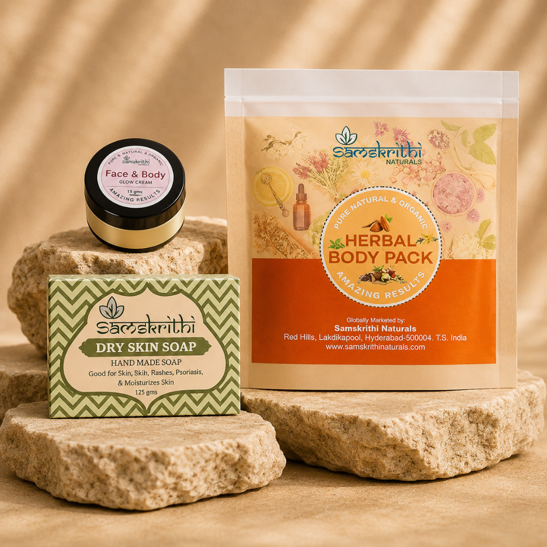 Samskrithi Naturals Herbal Body Pack, Gentle Dry Skin Soap and Nourishing Face + Body Butter Set | Everyday Natural Skincare | Pack of 3
