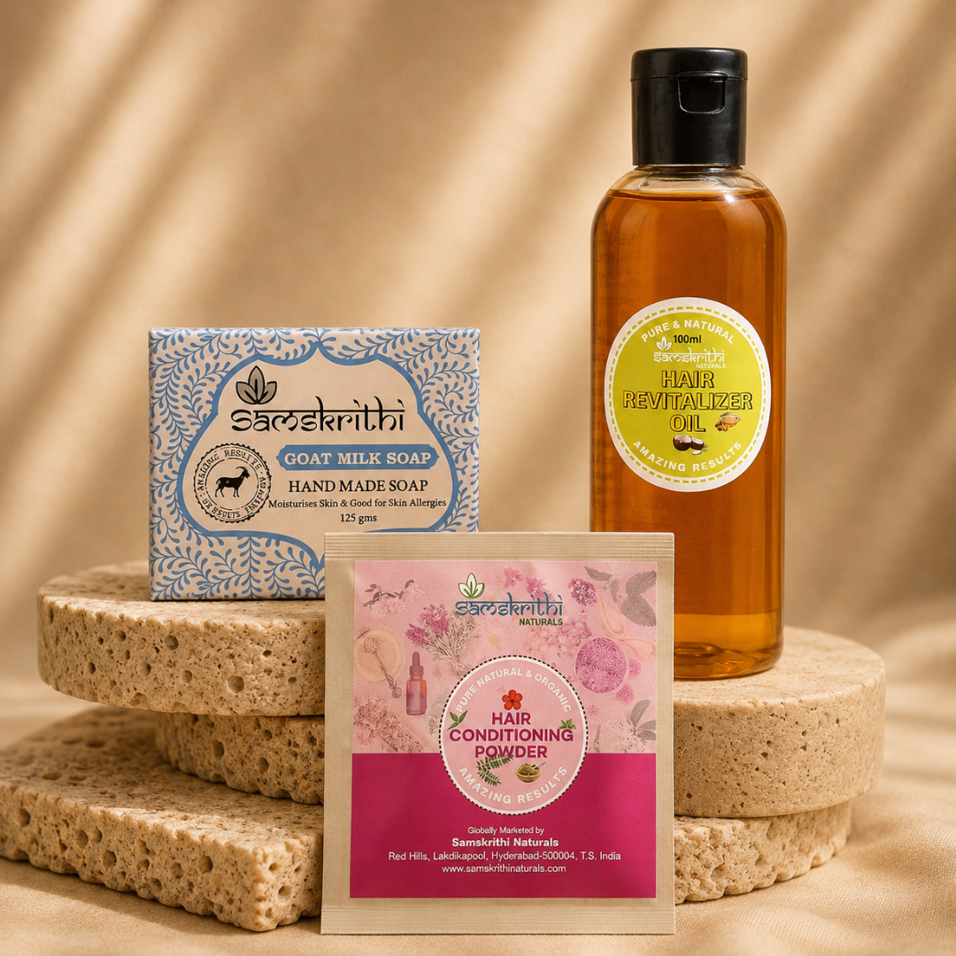 Samskrithi Naturals Beauty and Hair Care Essentials (Pack of 3)| Goat Milk Soap, Nourishing Hair Oil(100ML), and Revitalizing Hair Conditioner Powder Set | Personal Care for Everyday Radiance and Well-Being (Pack of 3)