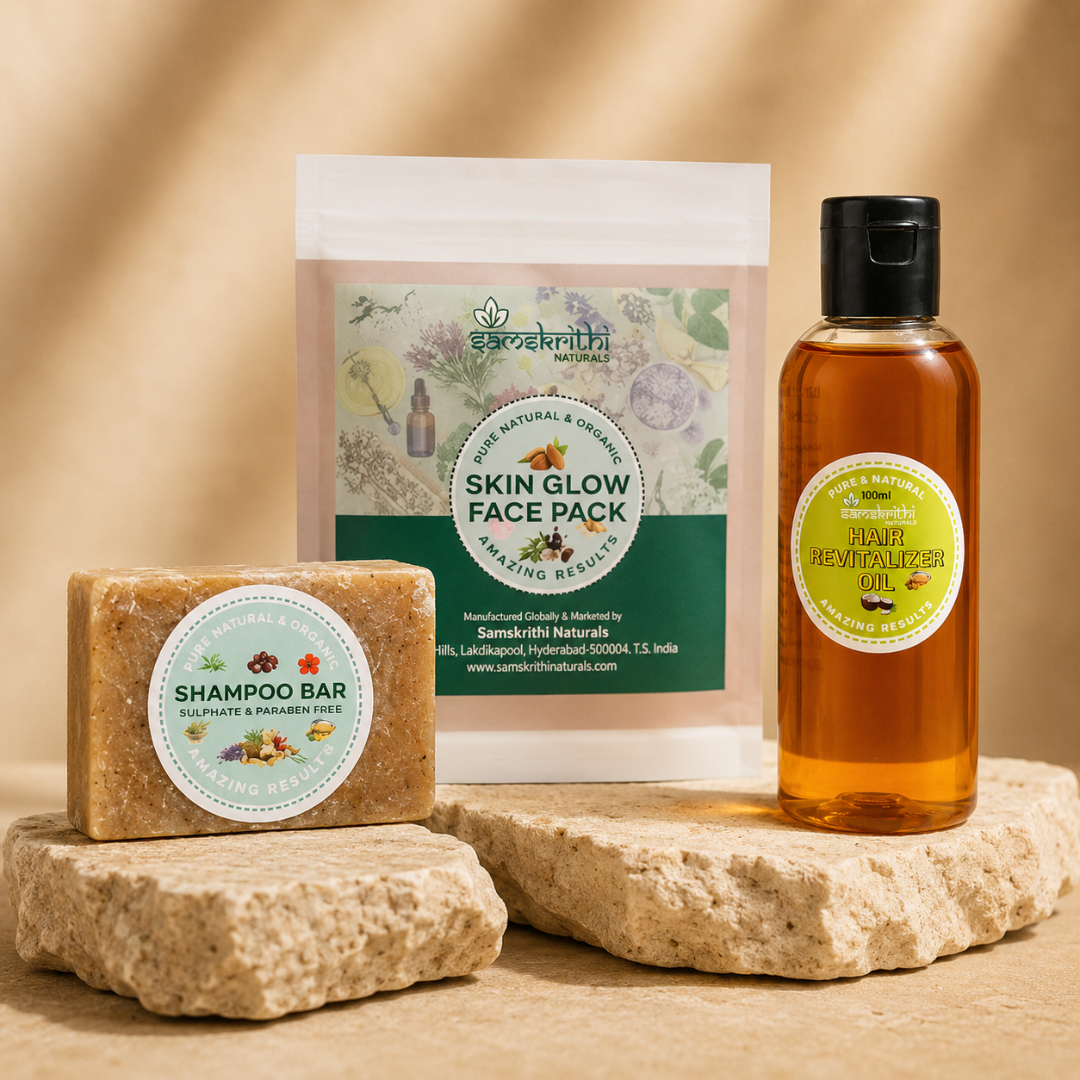 Samskrithi Naturals Complete Hair & Facial Care Combo | Hair Oil, Shampoo Bar & Face Pack | Effective Routine for Self Care (Pack of 3)