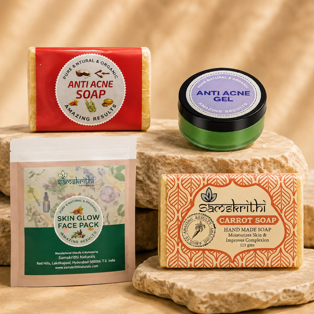 Samskrithi Naturals Complete Skin Care Combo Set of 4 | Anti Acne Soap | Anti Acne Gel | Skin Glow Face Pack | |Carrot Soap